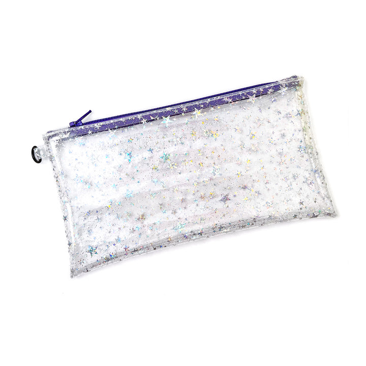 Clear Glitter Stars Wristlet Pouch | purple zipper
