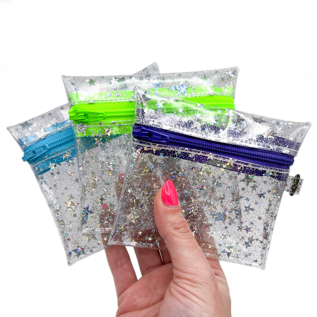 Clear Glitter Stars Coin Pouch | neon green zipper